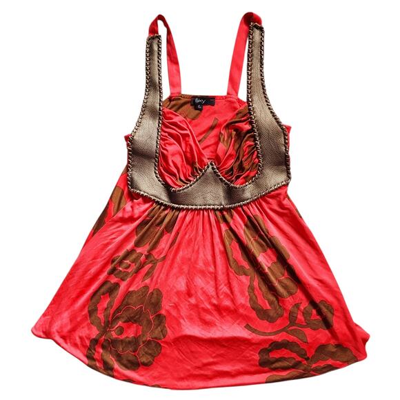 Sky 100% Silk Women's Tank Gladiator Faux Leather Bust Orange Brown Boho Sz LG - Picture 1 of 6